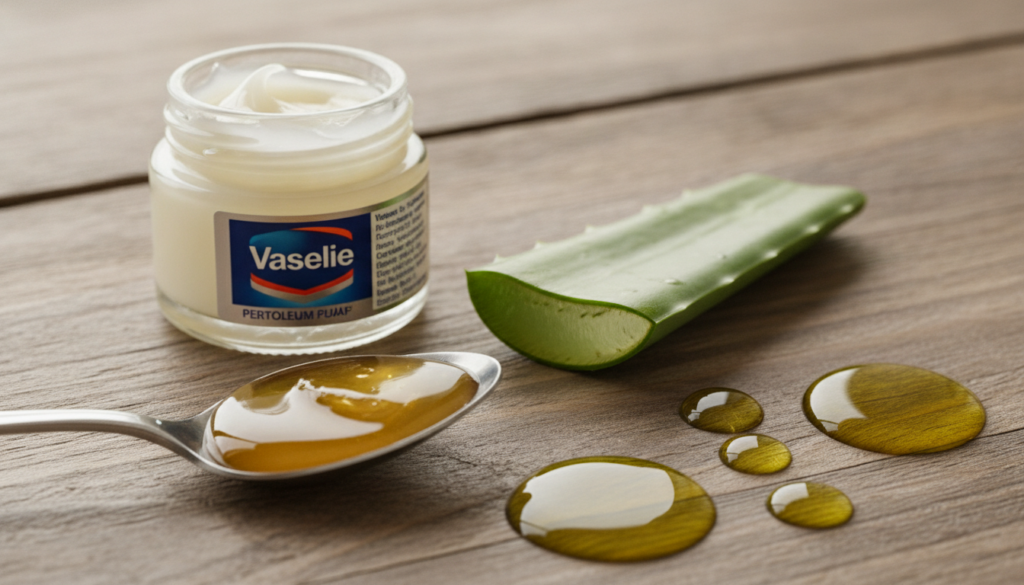 A small jar of Vaseline petroleum jelly surrounded by natural ingredients like a spoonful of honey a slice of aloe vera 