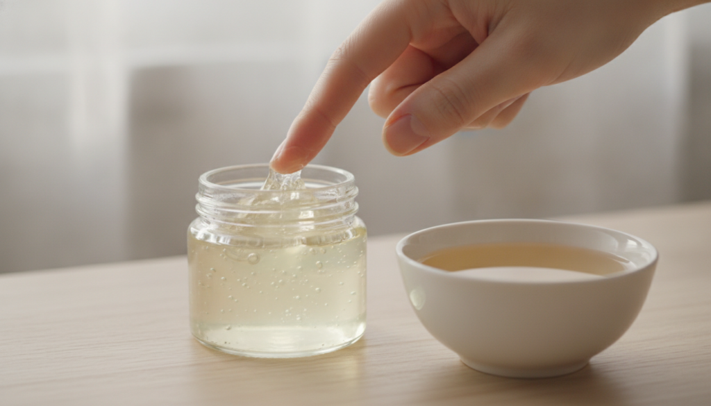 A close-up of a small clear jar of Vaseline petroleum jelly next to a small bowl of warm water with a soft glowing light