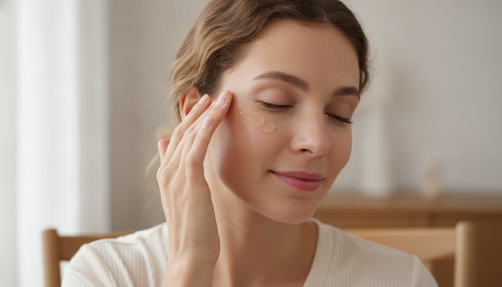 A woman with glowing healthy skin gently applying a thin layer of a clear balm-like substance to her face specifically a