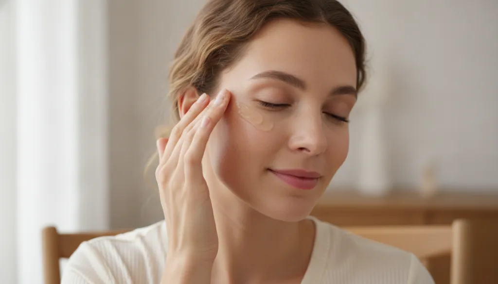 A woman with glowing healthy skin gently applying a thin layer of a clear balm-like substance to her face specifically a