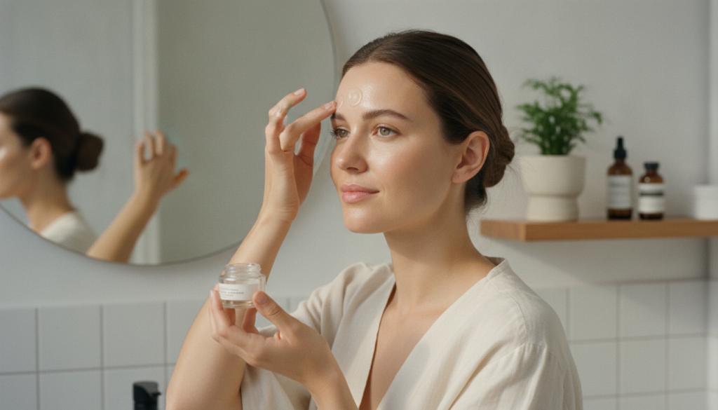 A woman gently applying a homemade clear gel-like substance to her face focusing on areas prone to wrinkles like the for