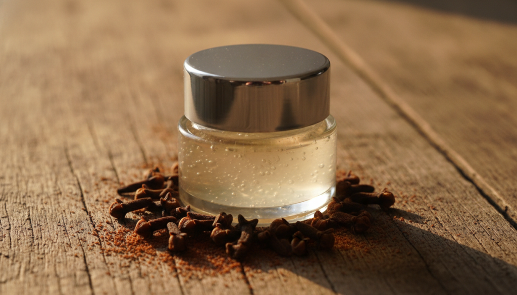 A small glass jar of homemade night repair gel with whole cloves and clove powder scattered around on a wooden surface w