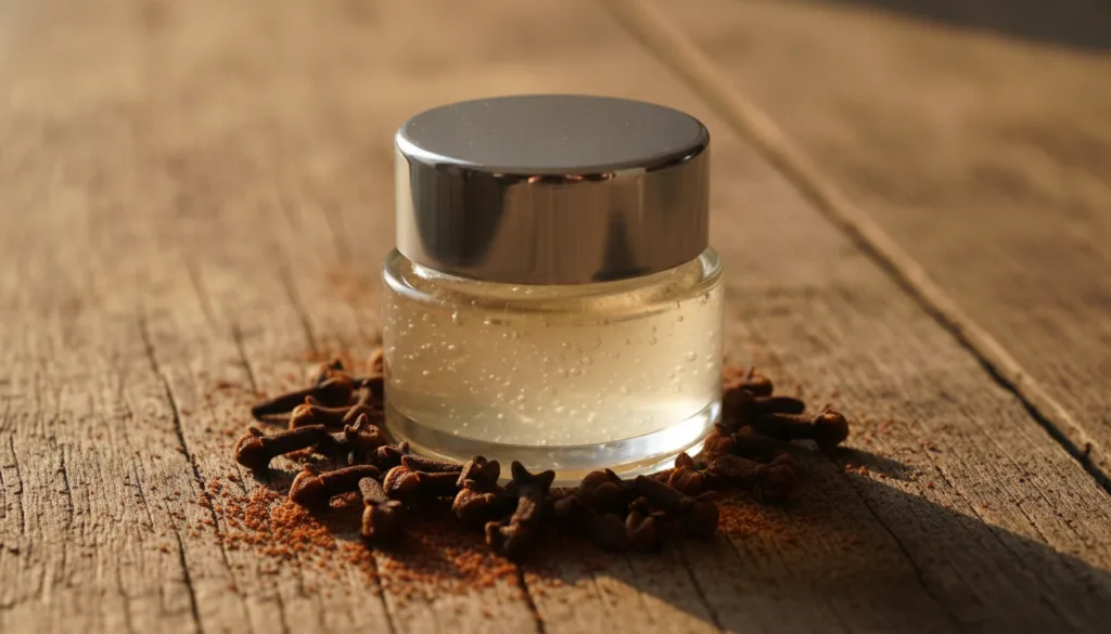 A small glass jar of homemade night repair gel with whole cloves and clove powder scattered around on a wooden surface w
