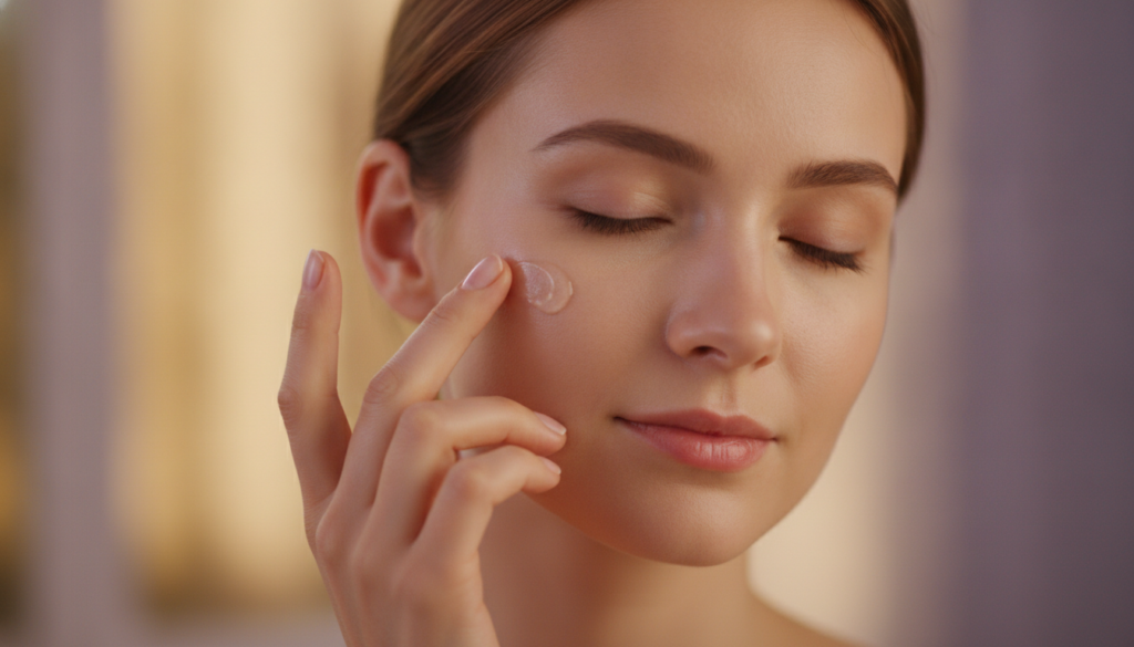 A woman gently applying a small amount of gel to her clean face before bed showing a calm and relaxed expression