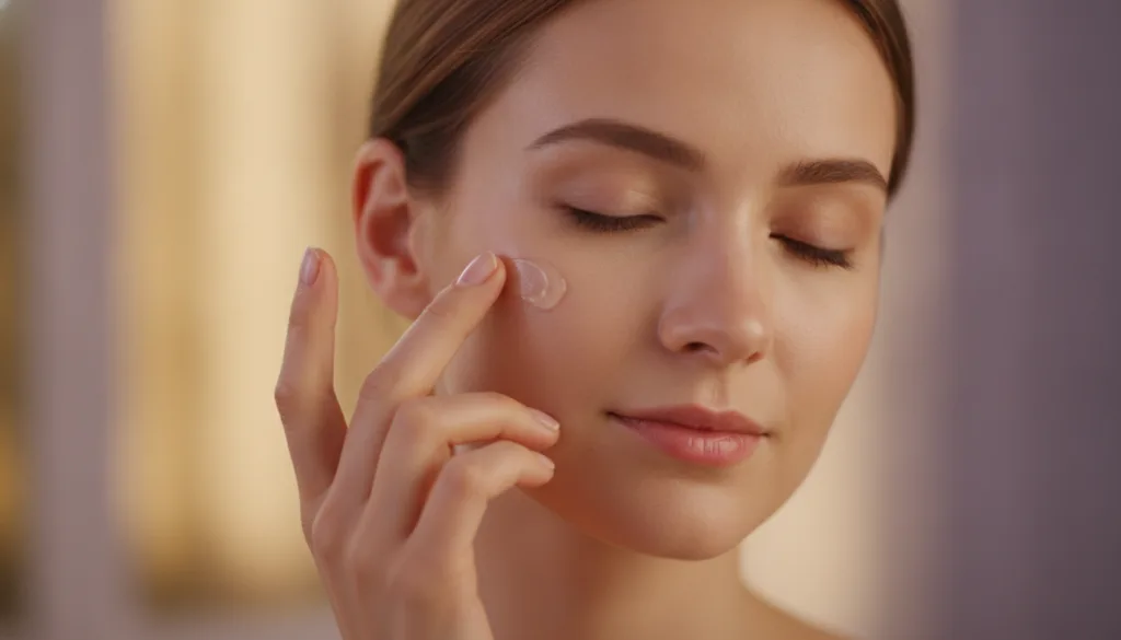 A woman gently applying a small amount of gel to her clean face before bed showing a calm and relaxed expression