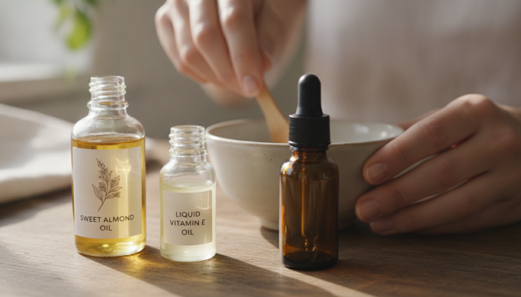 A close-up shot of small glass bottles of sweet almond oil and liquid vitamin E oil next to a small amber dropper bottle