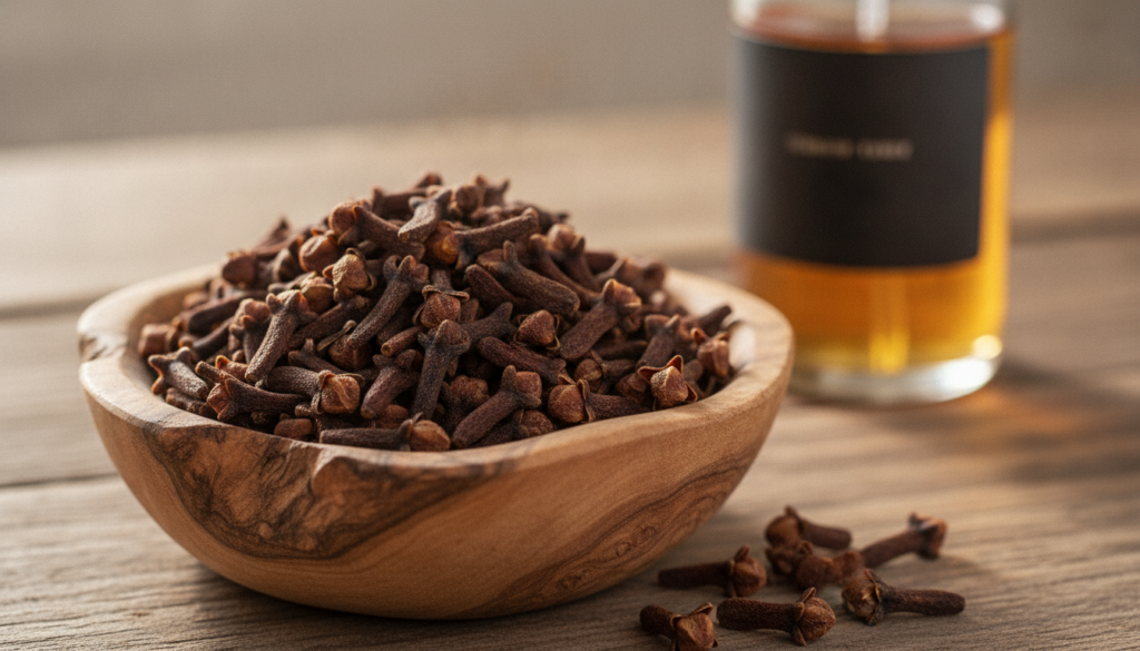 A close-up of whole cloves in a small bowl with a clear glass bottle of homemade toner in the background suggesting ingr