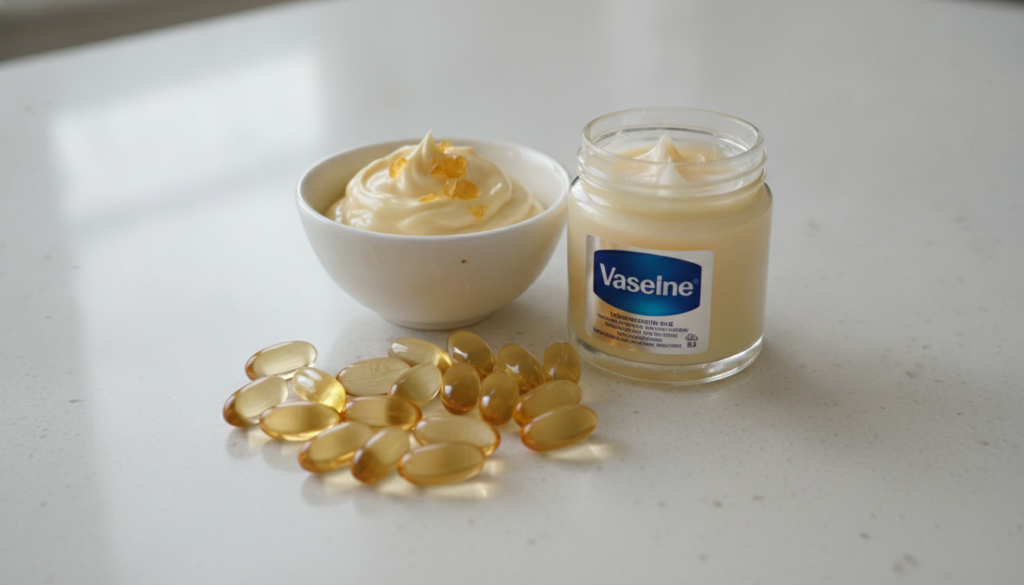 A close-up shot of Vitamin E capsules and a jar of Vaseline on a clean light surface with a small bowl containing a crea