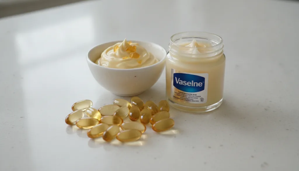 A close-up shot of Vitamin E capsules and a jar of Vaseline on a clean light surface with a small bowl containing a crea