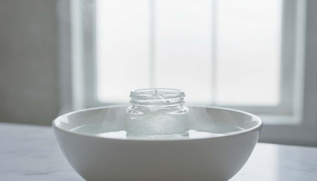 A small clear glass jar containing softened slightly translucent Vaseline sitting in a larger bowl of warm water Steam m