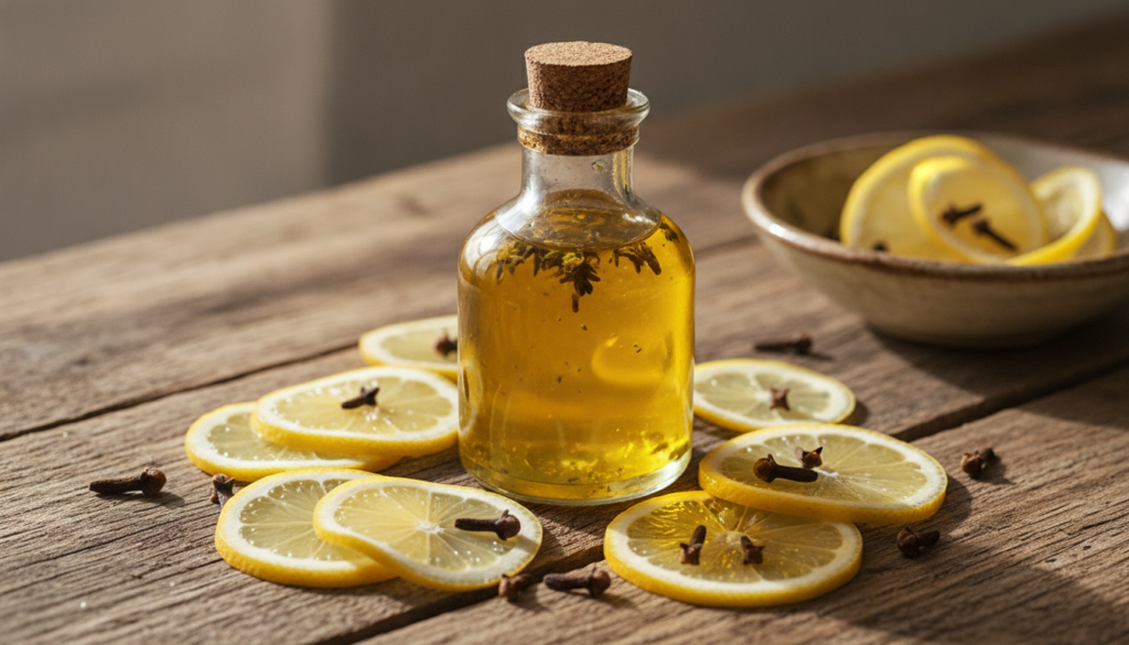 A clear glass bottle filled with a golden-yellow infused oil surrounded by fresh lemon slices and whole cloves The scene