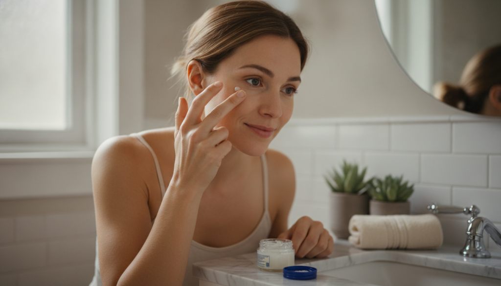 A woman gently dabbing a small amount of petroleum jelly onto her face specifically targeting fine lines around her eyes