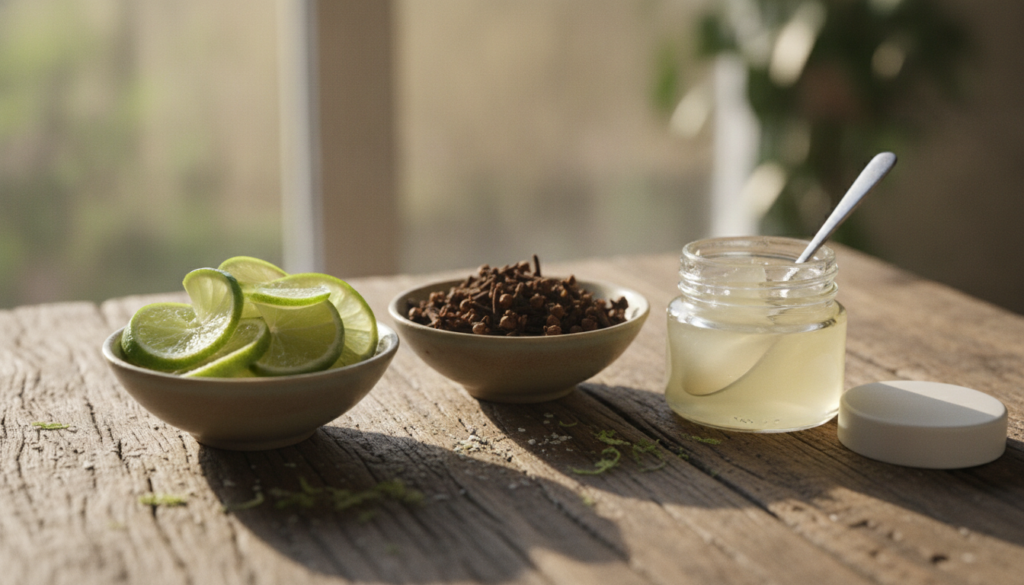 A close-up shot of small bowls containing fresh lime slices whole cloves and a jar of petroleum jelly arranged on a rust