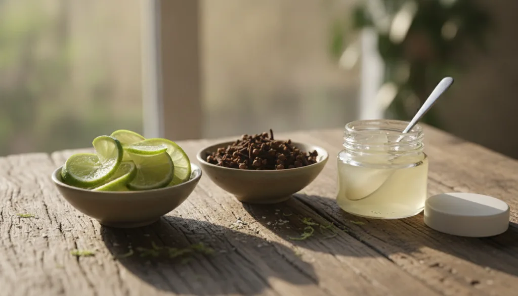 A close-up shot of small bowls containing fresh lime slices whole cloves and a jar of petroleum jelly arranged on a rust