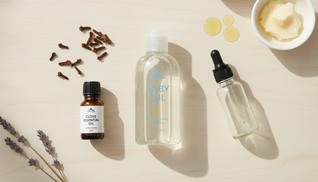 Ingredients for the clove oil night blend a small bottle of clove essential oil a bottle of baby oil and a small empty g