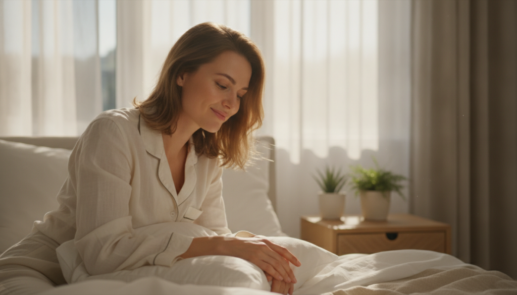 A woman waking up with glowing healthy-looking skin sunlight streaming through a window showing a refreshed and youthful