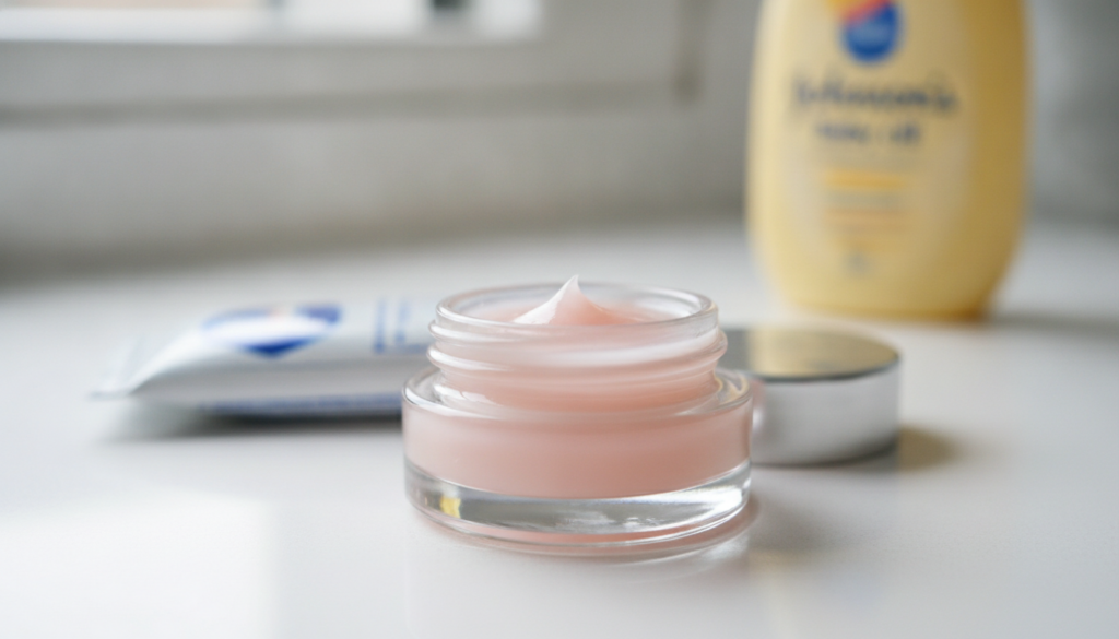 A close-up of a small glass jar containing a clear shiny balm with a tube of Vaseline and a bottle of baby oil subtly bl