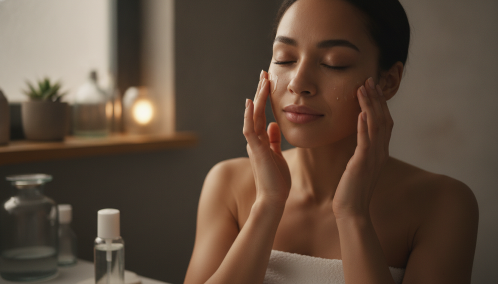 A woman gently massaging baby oil onto her face with a soft warm glow demonstrating a gentle cleansing routine