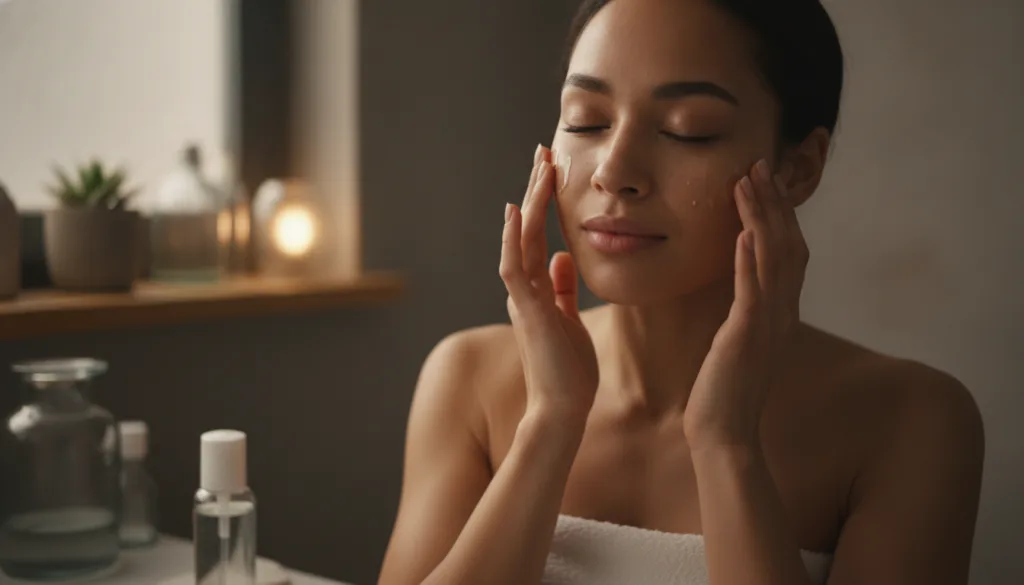 A woman gently massaging baby oil onto her face with a soft warm glow demonstrating a gentle cleansing routine