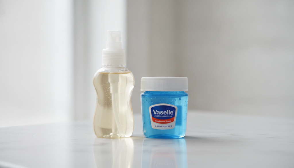 A close-up of a small bottle of Johnson s Baby Oil and a jar of Vaseline Petroleum Jelly on a clean bright bathroom coun