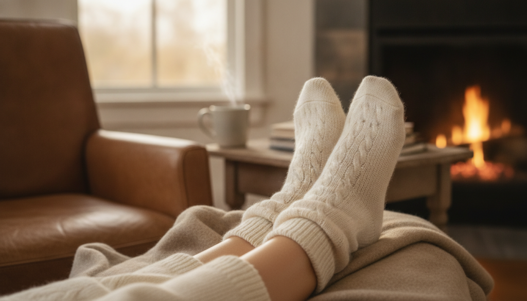 A person s feet with soft moisturized heels wearing cozy socks in a relaxed setting illustrating the results of a foot t