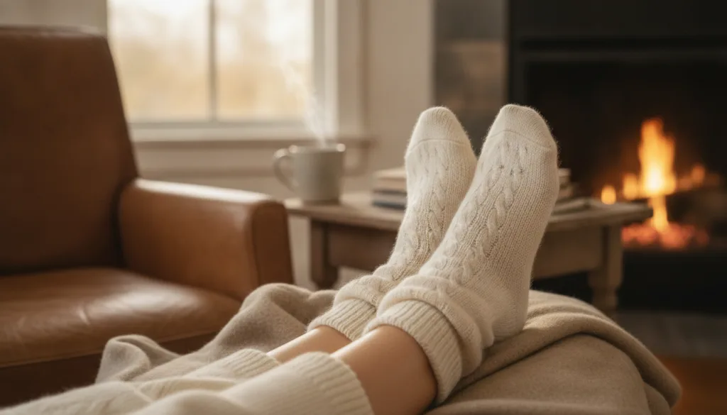 A person s feet with soft moisturized heels wearing cozy socks in a relaxed setting illustrating the results of a foot t