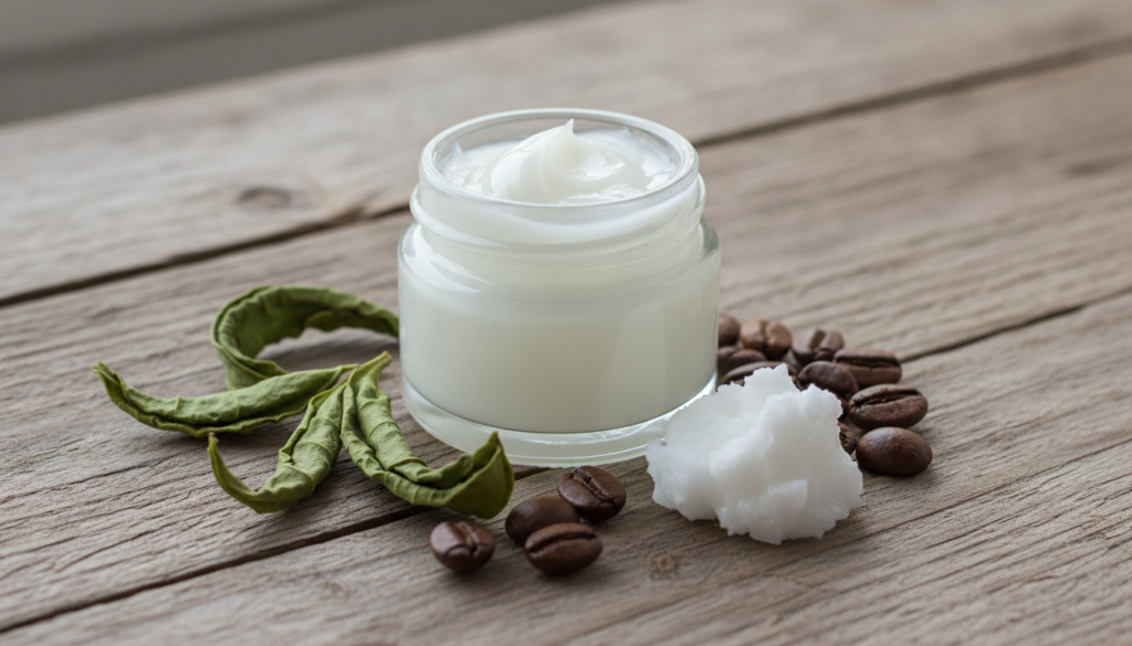 A close-up shot of a small jar of Vaseline a few green tea leaves coffee beans and a small amount of coconut oil arrange