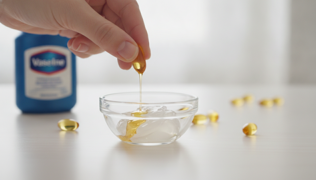 A small bowl containing Vaseline being mixed with oil from a punctured Vitamin E capsule A few whole Vitamin E capsules 