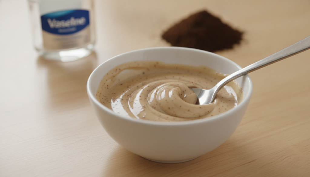 A small bowl with a creamy mixture of Vaseline and coffee grounds being stirred by a spoon The texture is slightly grain