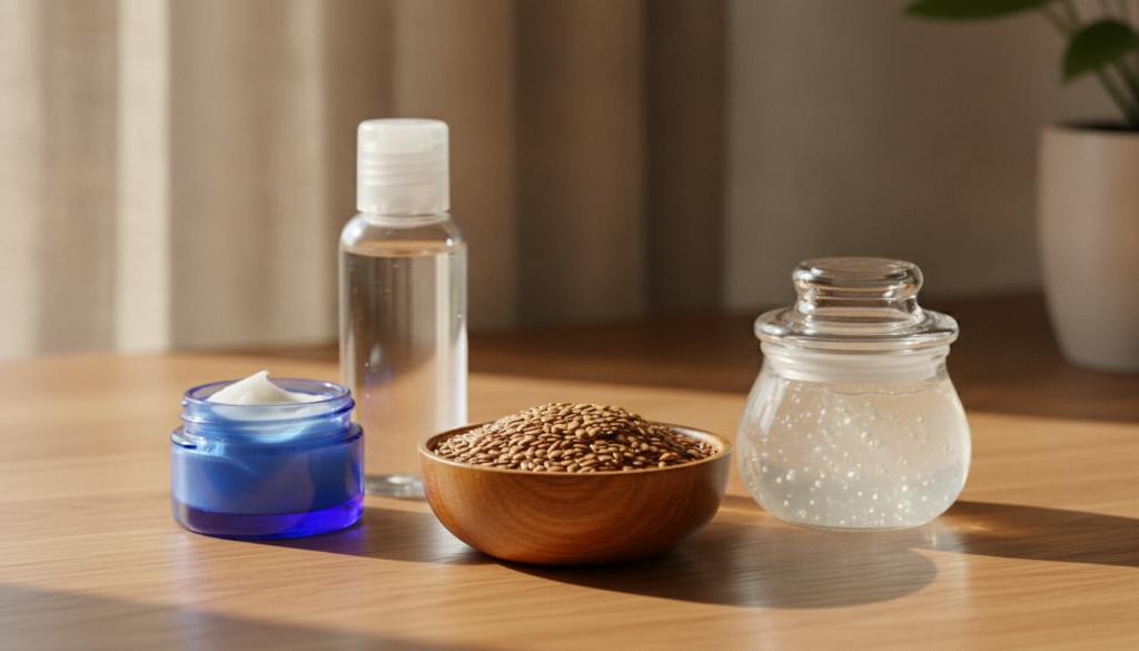 A still life image showing the main ingredients a bowl of flax seeds a jar of Vaseline a bottle of baby oil and a small 