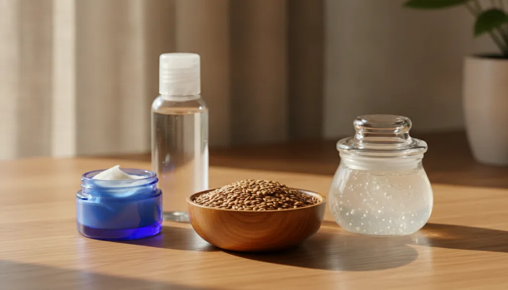 A still life image showing the main ingredients a bowl of flax seeds a jar of Vaseline a bottle of baby oil and a small 