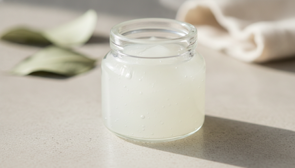 Close-up shot of a small clear glass jar filled with the finished translucent DIY collagen gel with a smooth shiny textu