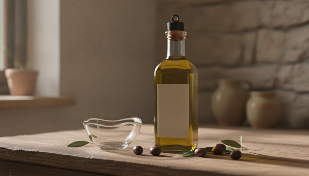 A bottle of olive oil next to a small glass bowl with a warm inviting glow The setting should be a rustic kitchen counte