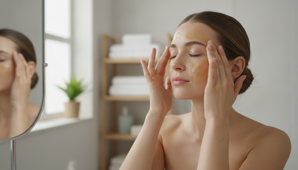 A woman gently massaging warm olive oil into her clean face with a soft content expression The scene should be indoors i