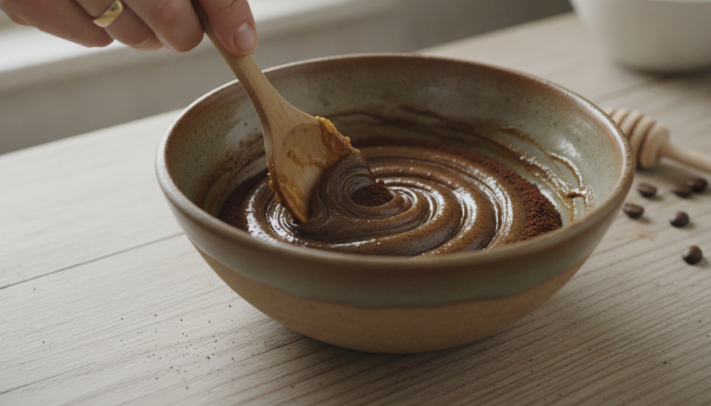 A close-up of a person s hand mixing ground coffee and honey in a small ceramic bowl with a wooden spoon