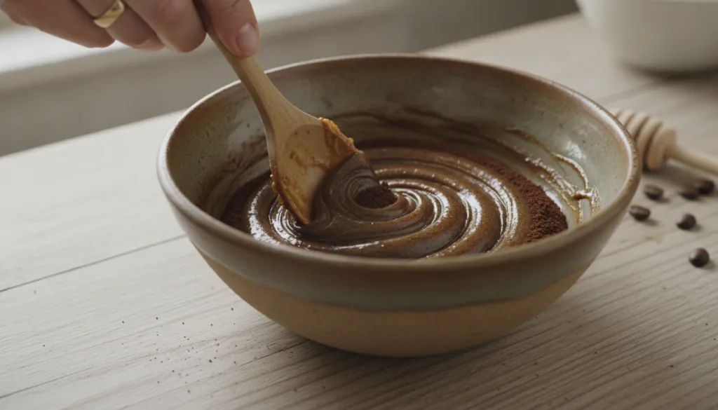 A close-up of a person s hand mixing ground coffee and honey in a small ceramic bowl with a wooden spoon