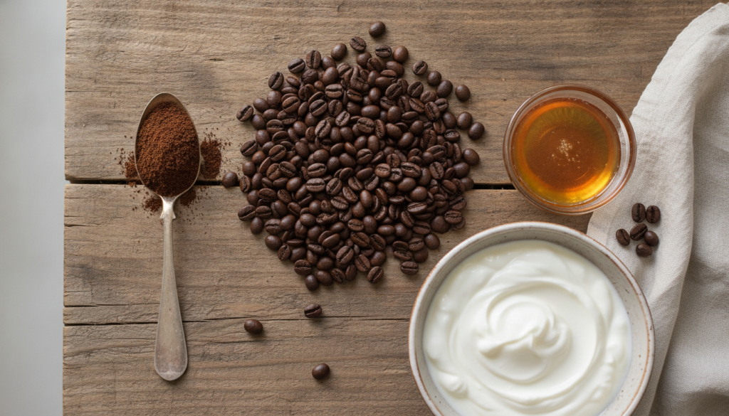 A beautiful flat lay of coffee beans ground coffee a small bowl of honey and a small bowl of yogurt suggesting natural D