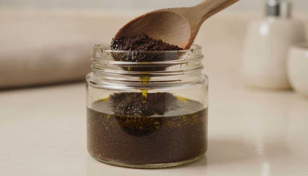 A close-up of coffee grounds mixed with olive oil in a glass jar ready to be used as a body scrub