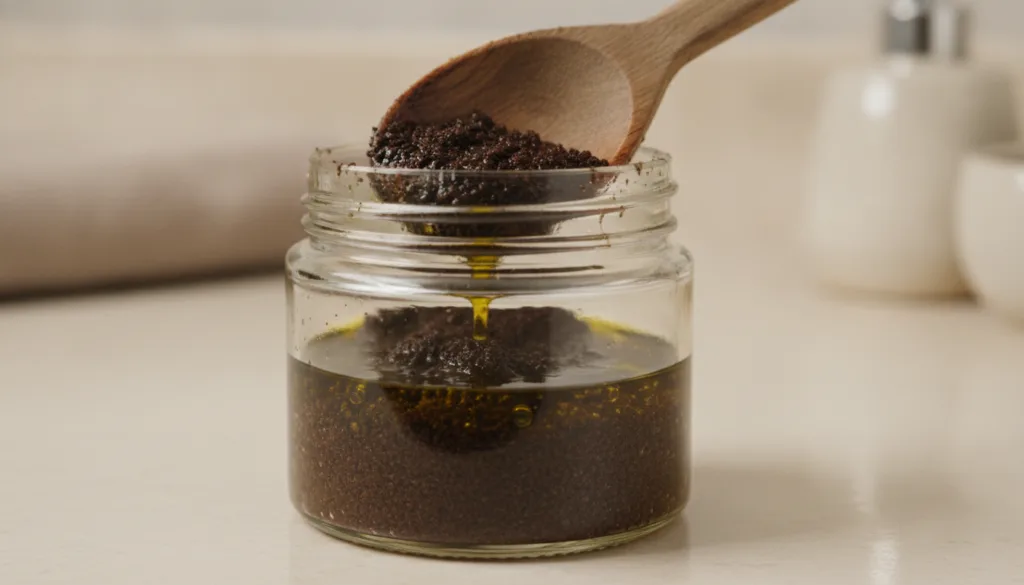 A close-up of coffee grounds mixed with olive oil in a glass jar ready to be used as a body scrub