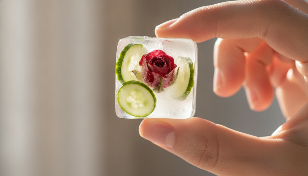 A close-up shot of a hand holding a single frozen rose and cucumber ice cube The ice cube clearly shows embedded fragmen