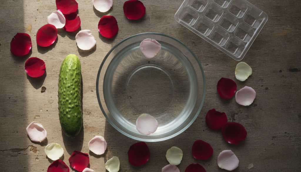 A collection of fresh ingredients for DIY glow ice cubes a whole cucumber a handful of vibrant pink and red rose petals 