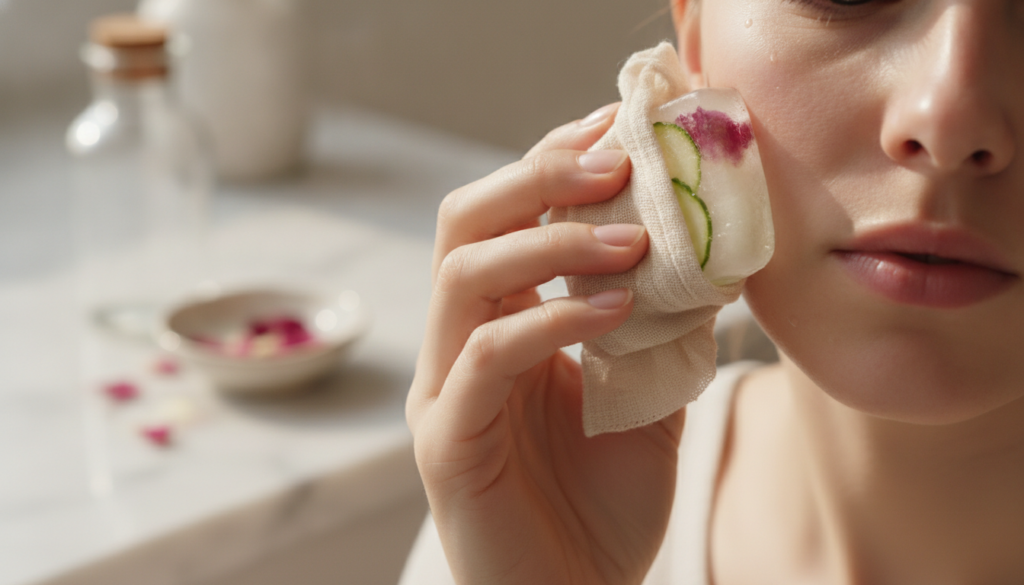 A close-up of a hand holding a homemade rose and cucumber ice cube wrapped in a thin muslin cloth gently dabbing it on a