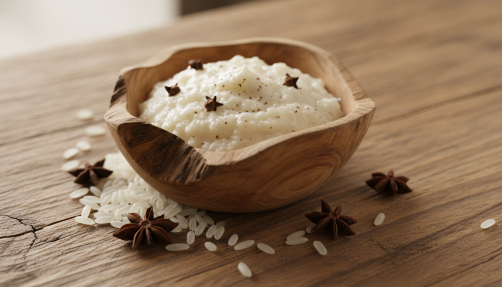 A close-up of a small bowl containing a homemade rice and clove facial mask surrounded by raw rice grains and whole clov
