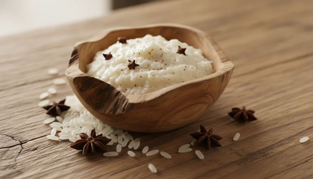A close-up of a small bowl containing a homemade rice and clove facial mask surrounded by raw rice grains and whole clov