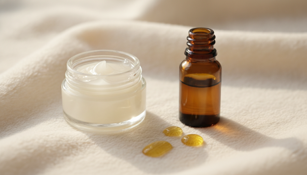 A small clear jar of Vaseline petroleum jelly next to a small amber or dark glass bottle of Vitamin E oil with a few dro