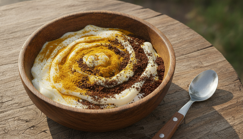 A close-up of a small bowl containing a DIY face mask made from Vaseline yellow turmeric powder and dark coffee grounds 