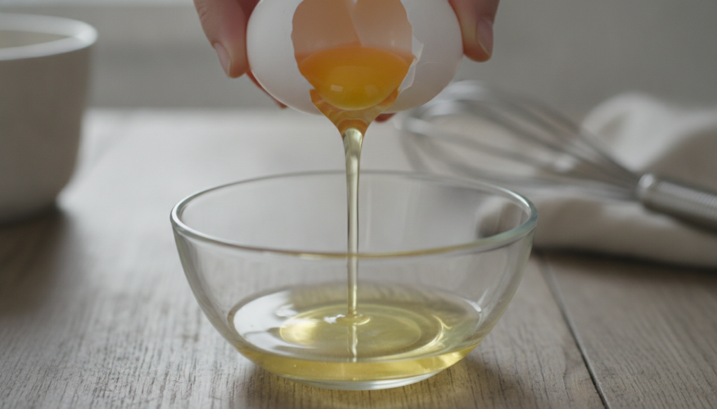 A close-up of a white egg being cracked separating the egg white into a small bowl with an eggshell half visible The set
