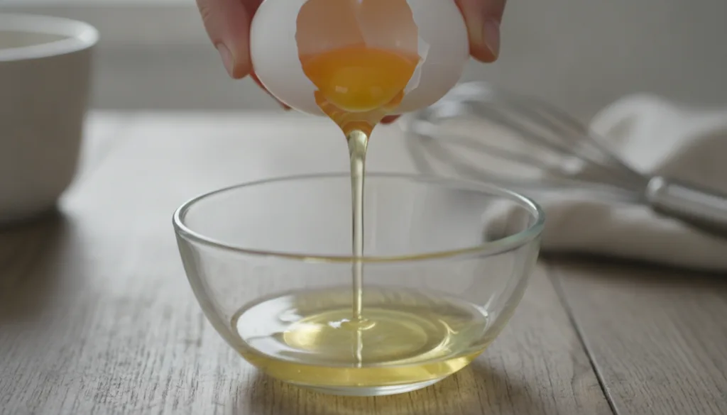 A close-up of a white egg being cracked separating the egg white into a small bowl with an eggshell half visible The set