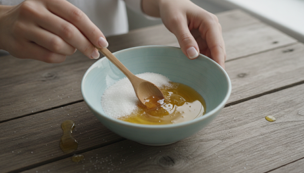 A close-up shot of hands mixing ingredients for a DIY lip scrub in a small bowl showing sugar honey and olive oil with a