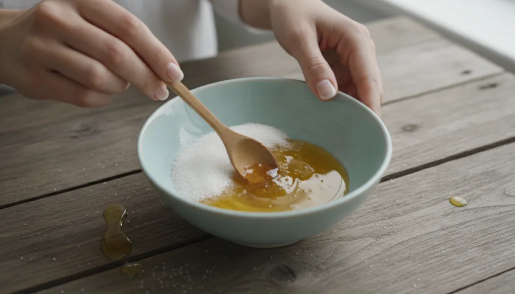 A close-up shot of hands mixing ingredients for a DIY lip scrub in a small bowl showing sugar honey and olive oil with a